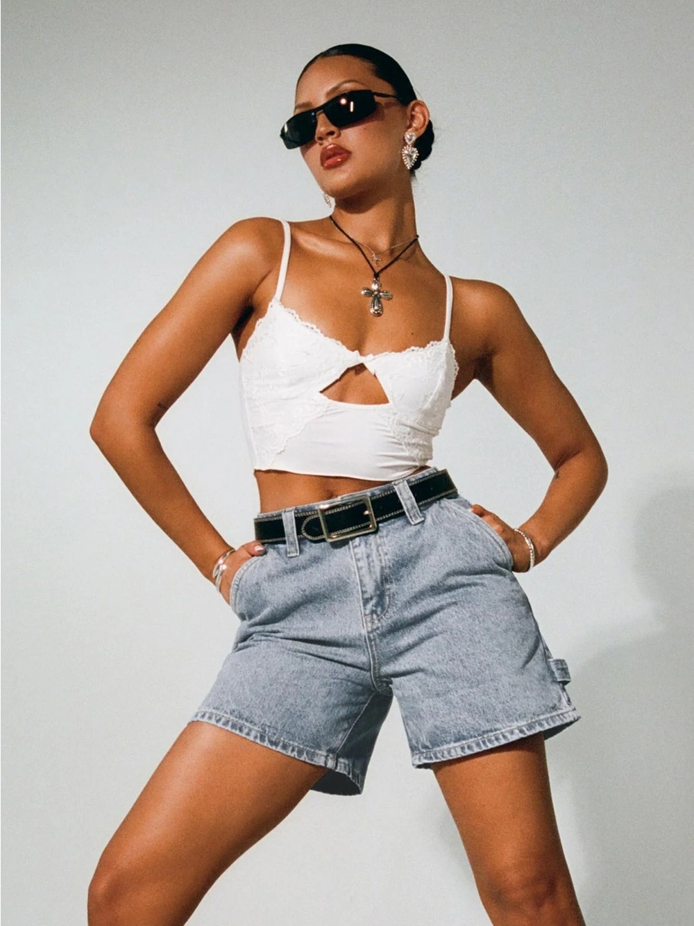 Princess Polly Lou Carpenter Denim Shorts Light Wash